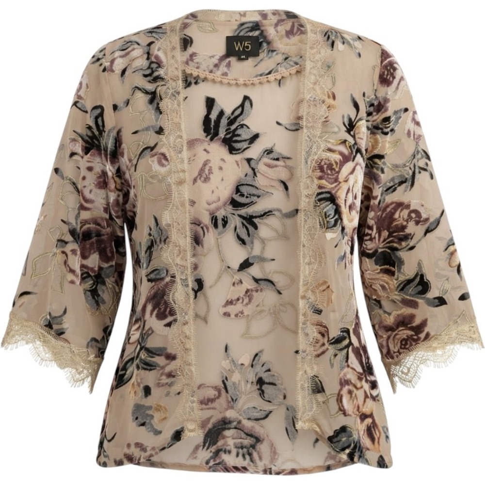 W5 Floral Velvet Burnout Kimono Women L Tan Sheer Lace Trim Open Cardigan Fall